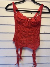 Vintage Cherry Red Corset Bustier 32B Padded Bra Floral Lace