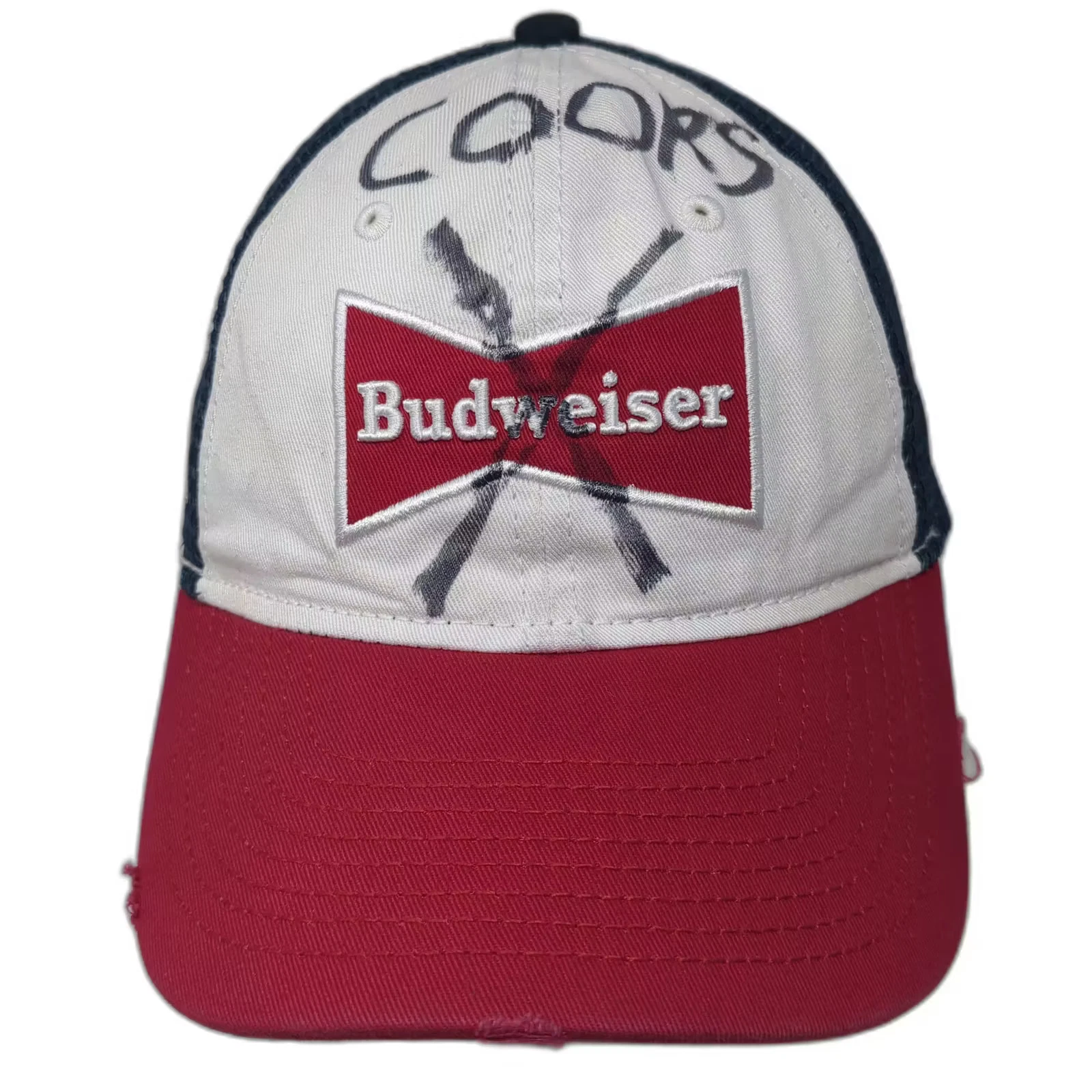 Budweiser Trucker Hat Blue Red OS Mesh Snapback King of Beers Distressed Logo