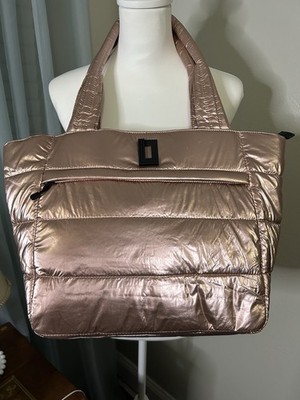 Karl Lagerfeld Paris X Large Rose Gold Quilted Puffer Tote Shoulder Bag Pockets