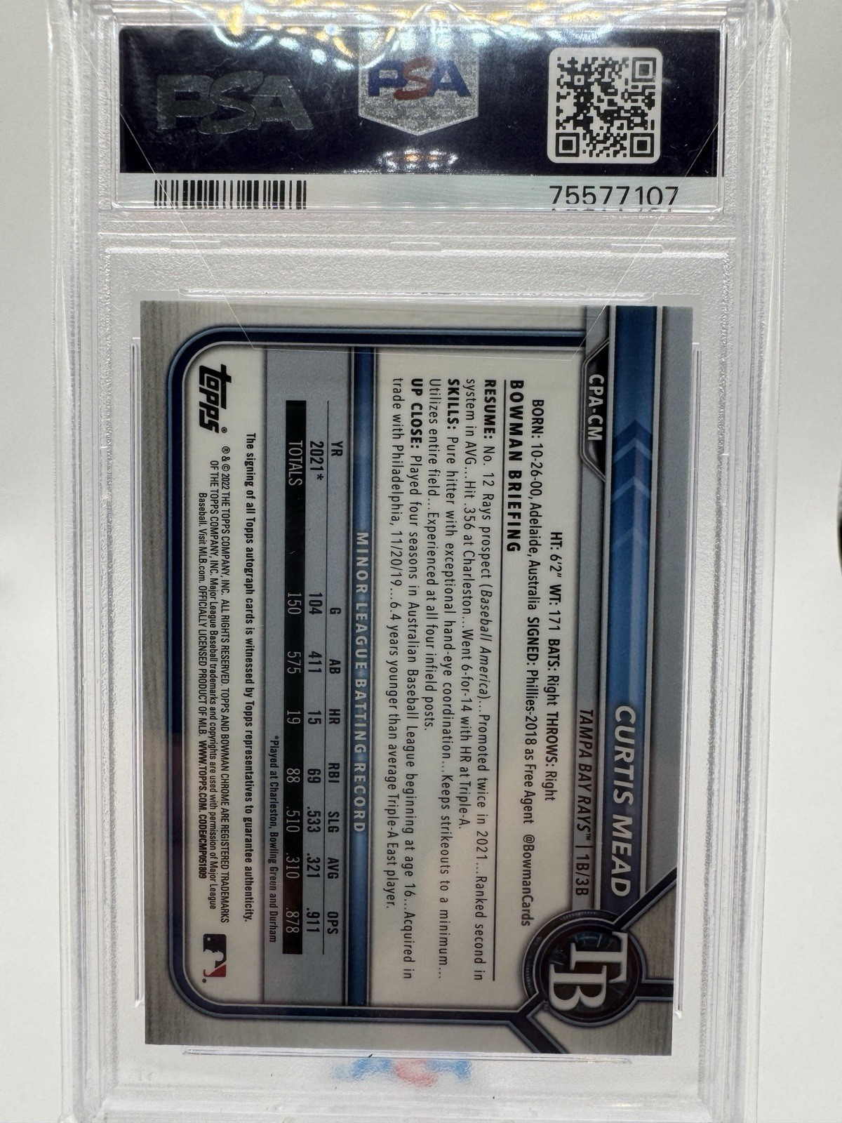 Bowman 2022 Chrome Prospect Autos Curtis Mead #CPA-CM Speckle /299 PSA 9 view 2