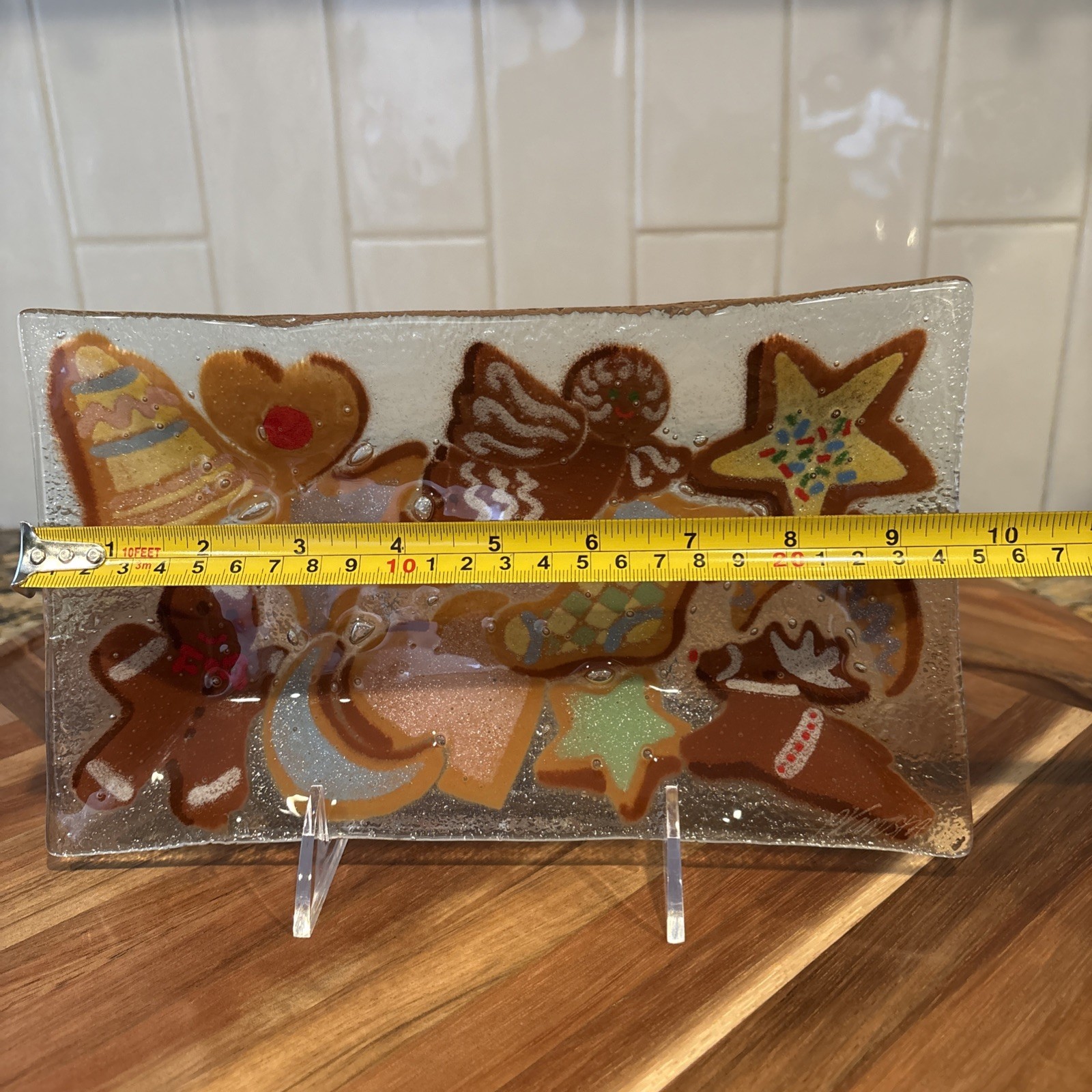 Peggy Karr Fused Glass Christmas Holiday Cookies Gingerbread Tray Plate 5.5x10”