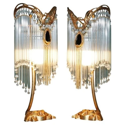 ATRIBUIDO A HECTOR GUIMARD ART NOUVEAU 1920 LÁMPARAS DE MESA DE VIDRIO DE BRONCE DORADO - Imagen 1 de 4