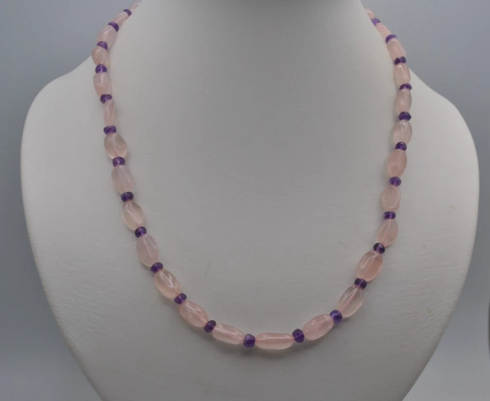 Rosenquarz und Amethyst Halskette mit glatt geschliffen Steine - Bild 1 von 1