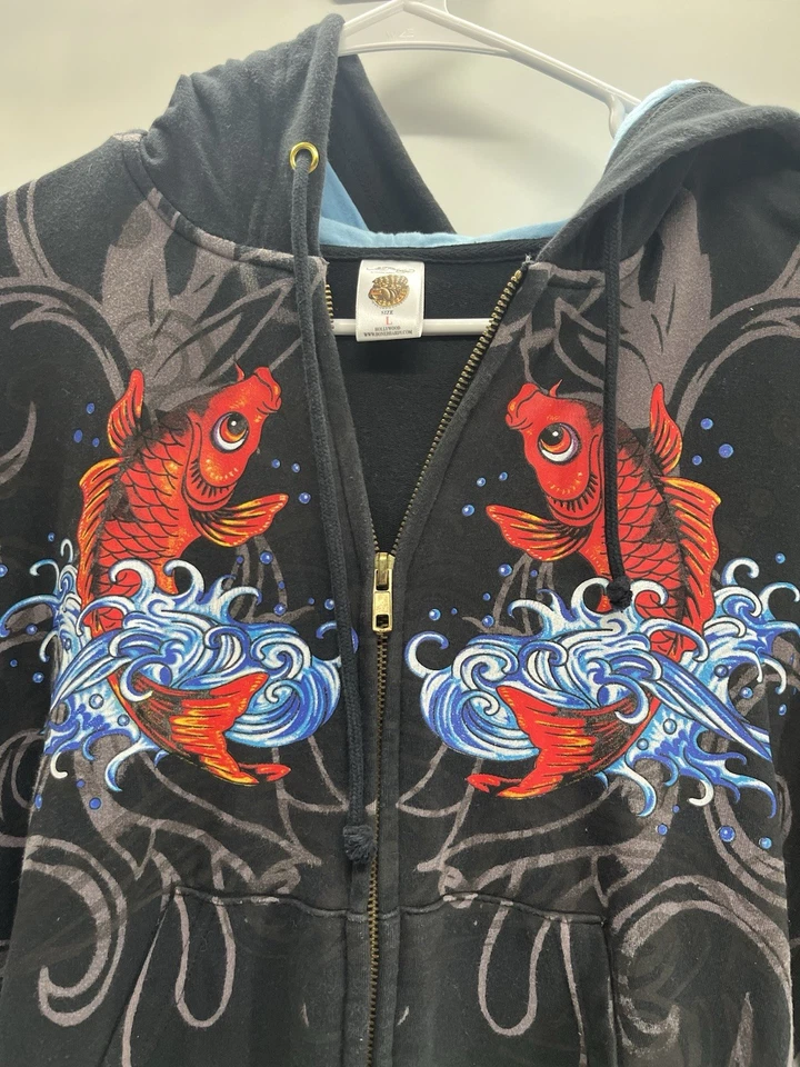Ed Hardy por Christian Audigier Sudadera con Capucha Cremallera Completa Koi Pez Calavera Y2K Grande  Foto 3 de 4