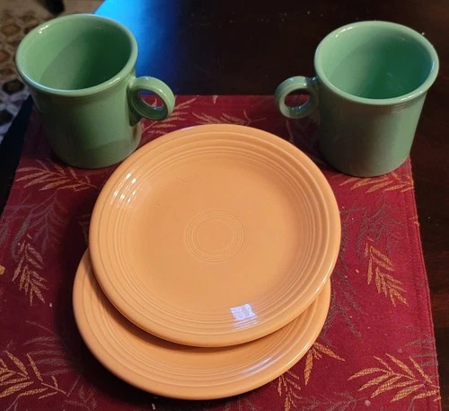 FiestaWare Sea Mist Green Mugs (2) & Apricot dessert plates 2 pieces 6.25 inch