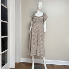 ASTR The Label Floral Midi Dress M Medium Taupe Coral Cottagecore Flutter Sleeve