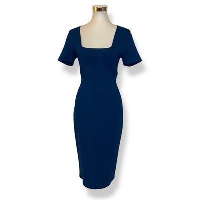 ALC Size Medium Sheath Dress Blue Knit Square Neck Short Sleeve Bodycon Stretchy