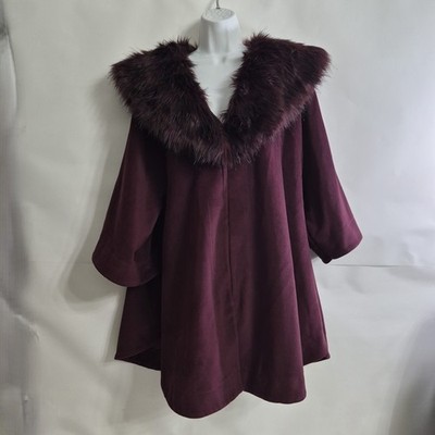 Adrienne Landau Women XL / 1X Purple Faux Fur Collar 3/4 Sleeve Pancho Cape Coat