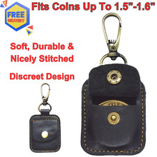 Genuine Leather AA Medallion Coin Holder Keychain Snap Open Case,Fits 34mm Coins