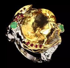    Rare Handmade 15.88ct Citrine Quartz Emerald Ruby 925 Sterling Silver Ring 7