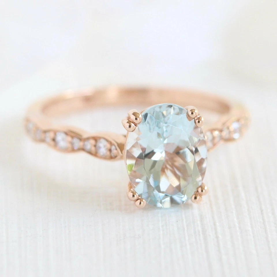 2 Ct Simulierter Ovaler Aquamarin Verlobungsring 14K Roségold Beschichtet Silber - Bild 2 von 4