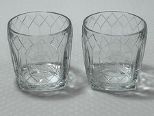 2 CROWN ROYAL Whiskey Cathedral Clear Embossed Square Base Rocks Bar Glasses