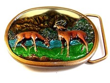 Vintage Indiana Metal Craft Buck  Doe Deer Mountains Belt Buckle
