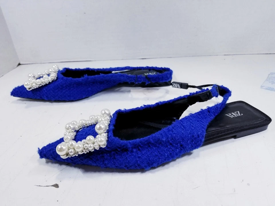 Zara Azul Tweed Adornado Eslinga Trasera Pisos 2583 010 400 Talla 6.5 Foto 4 de 4