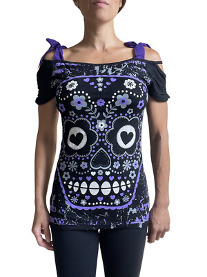 Banned Apparel Women's Flower Purple Sugar Skull Bow Tie Shoulder Straps Top