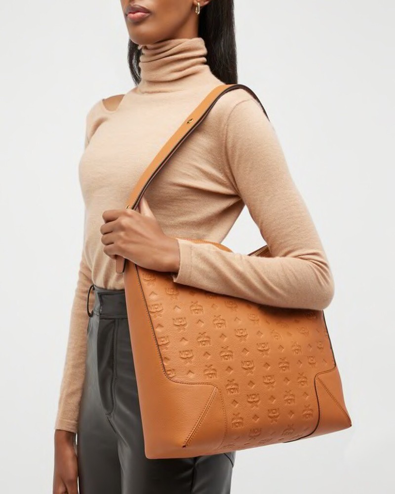 MCM Klara Aren Large Hobo Crossbody Monogram Embossed Brown Leather Bag NWT