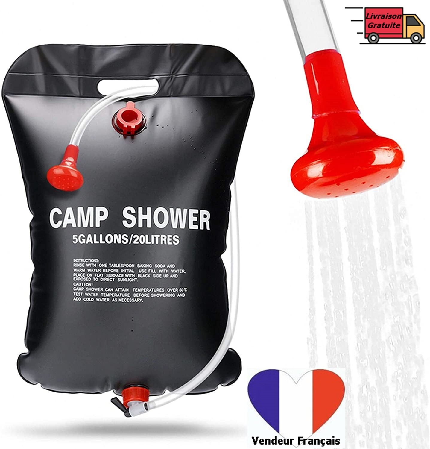 Sac de douche solaire 20L portable et pliable pour randonnée, trekking et douche de camping
