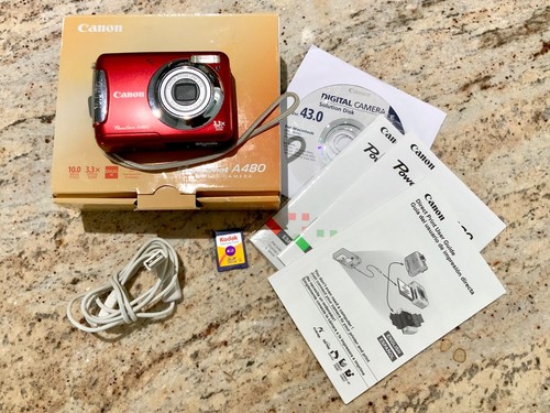 Canon PowerShot A480 10MP Digital Camera Red Tested 3.3X SD Card Cable Disk