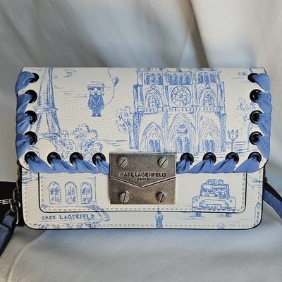 KARL LAGERFELD PARIS Blue & White Paris Print Turn Lock Credit Card Wallet