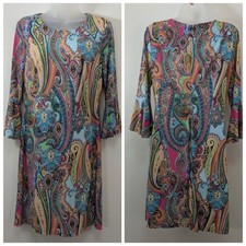Tommy Hilfiger Midi Dress 6 Stretch Paisley Bell Sleeve Comfort Wear Boho Retro