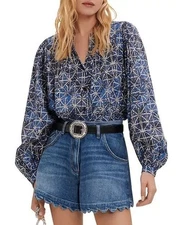 Maje women's large blue black cotik printed cotton blouse long sleeve button up