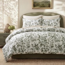 100 Cotton Sateen Duvet Cover Set Queen Size, 3 Piece Floral Toile Bedding Set,
