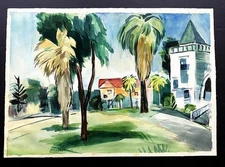 Helen Van Cleve Signed MCM Watercolor Painting California Scene 15x22