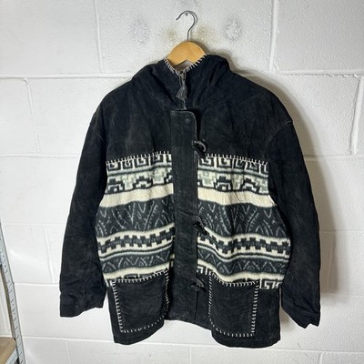 Vintage Scully Jacke Herren Large Schwarz Leder Wildleder Dufflecoat Azteken 90er Rodeo