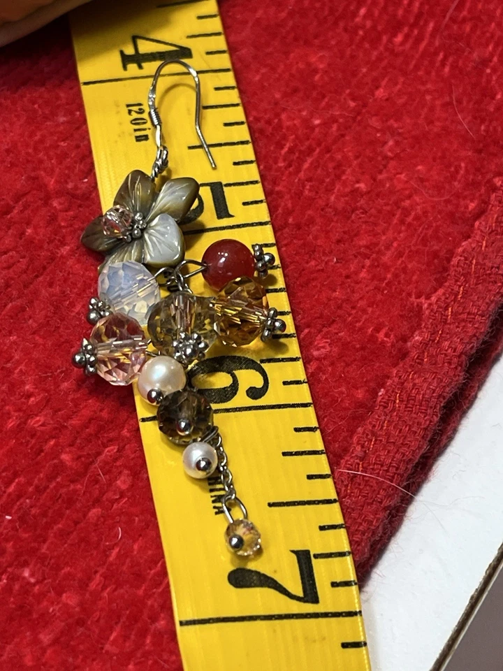 Pendientes colgantes de plata de ley 925 de colección concha flor, cornalina, perlas y cuentas de vidrio Foto 3 de 4