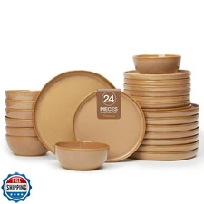 FOBENTA Handcrafted Dish Set for 8,24 Piece Rustic Brown Ceramic Plates and B