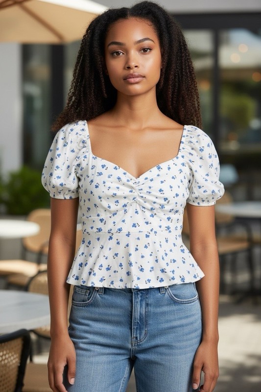 Blue And White Flower Blouse