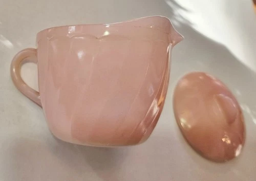Vtg MCM Pink Anchor Hocking Fire King Rose-ite Milk Glass Creamer w Sugar Lid