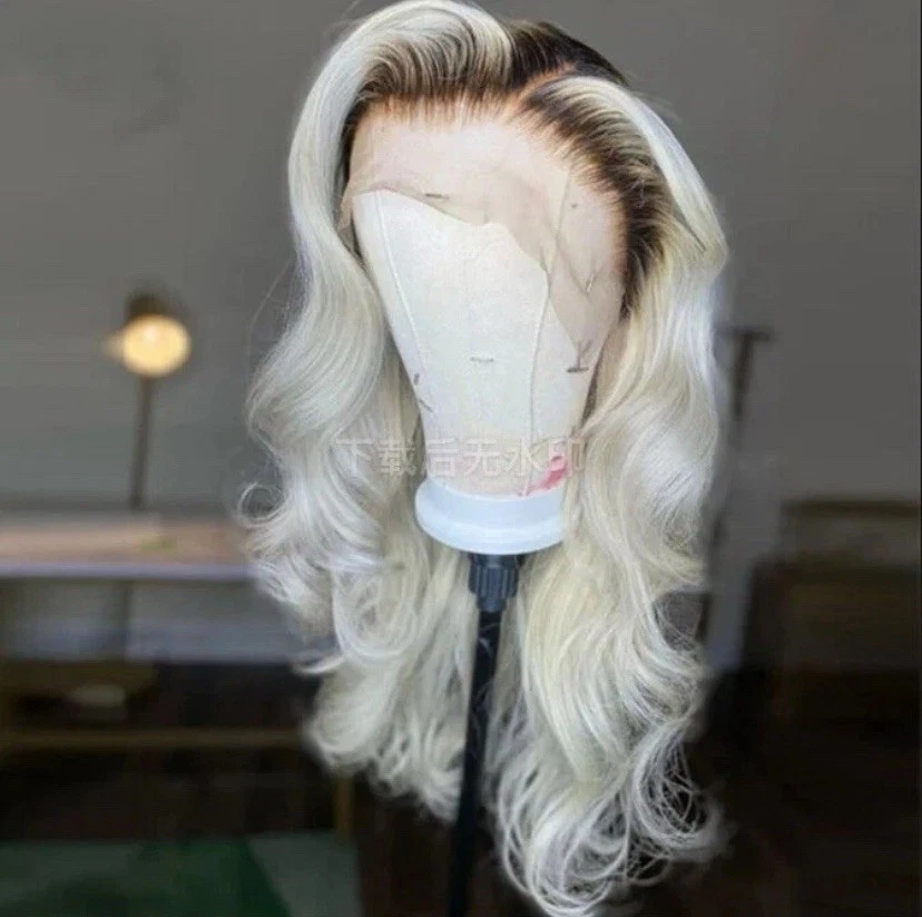 Peluca rubia cabello humano 100 % helada con raíces oscuras Foto 4 de 4