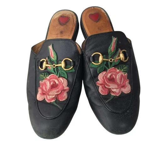 Gucci Shoes Womens AU 7 EU 37 Black Leather Princetown Floral Loafer Mule 134660