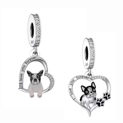 925 Silber Frenchie Französische Bulldogge Herz ''Ich liebe dich für immer'' Charm in Geschenkbox