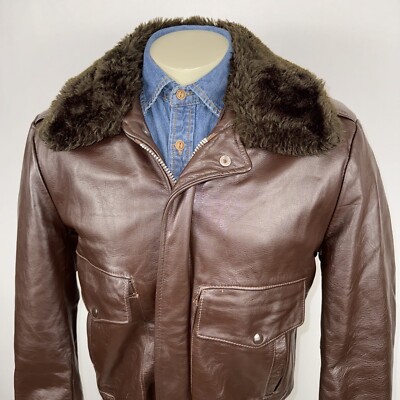 Mens Gino Leather Flight Jacket Pilot Bomber Coat USA Made Faux Fur Vintage 42 R