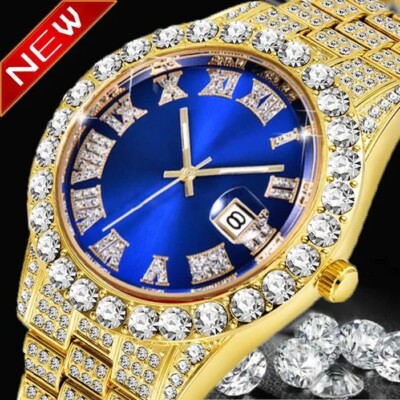 Blue Face quartz watches for men with auto date, also has Diamond like stones.
