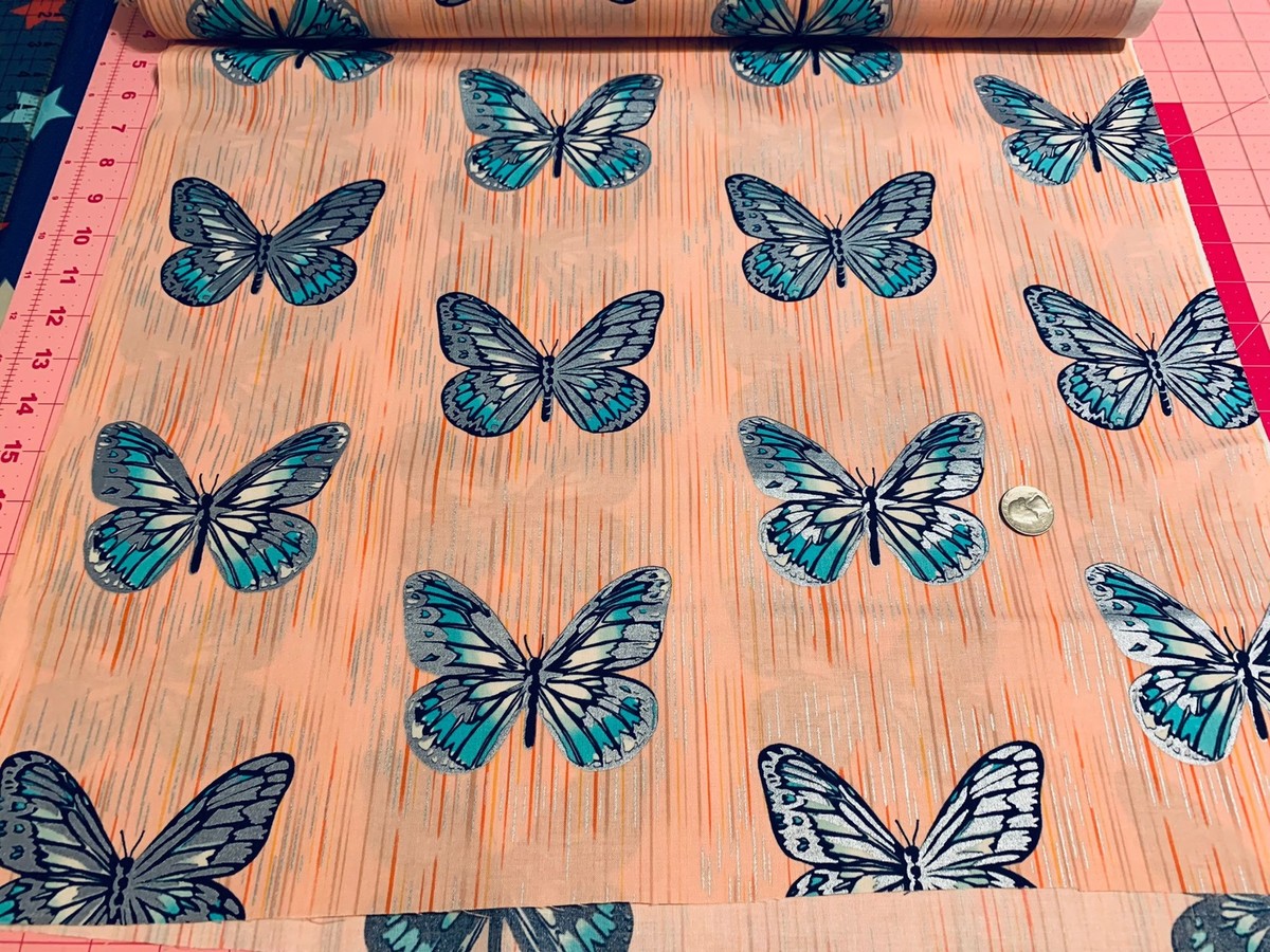 Fabric Spring Shimmer Butterfly on Blush Pink Cotton KAUFMAN