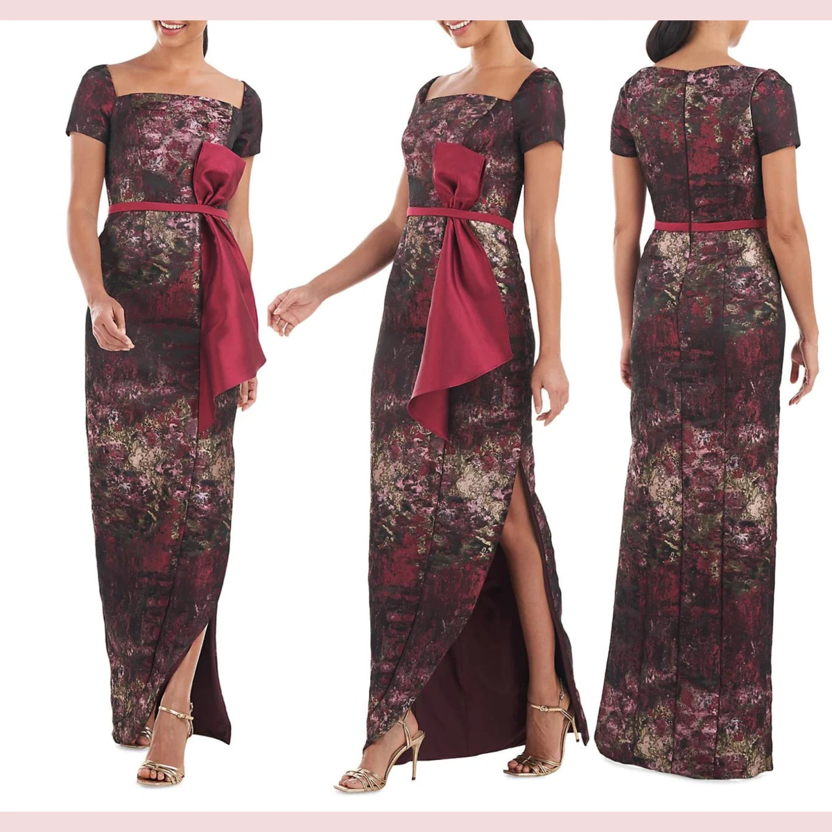 NEW $378 KAY UNGER [ 12 ] Bow Layne Jacquard Column Gown In