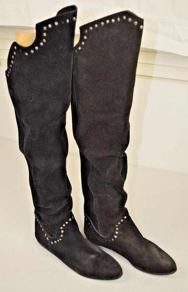 Botas de cuero de gamuza vintage talla 8 años 80 suaves negras gamuza tachuelas hasta la rodilla occidentales Foto 2 de 4