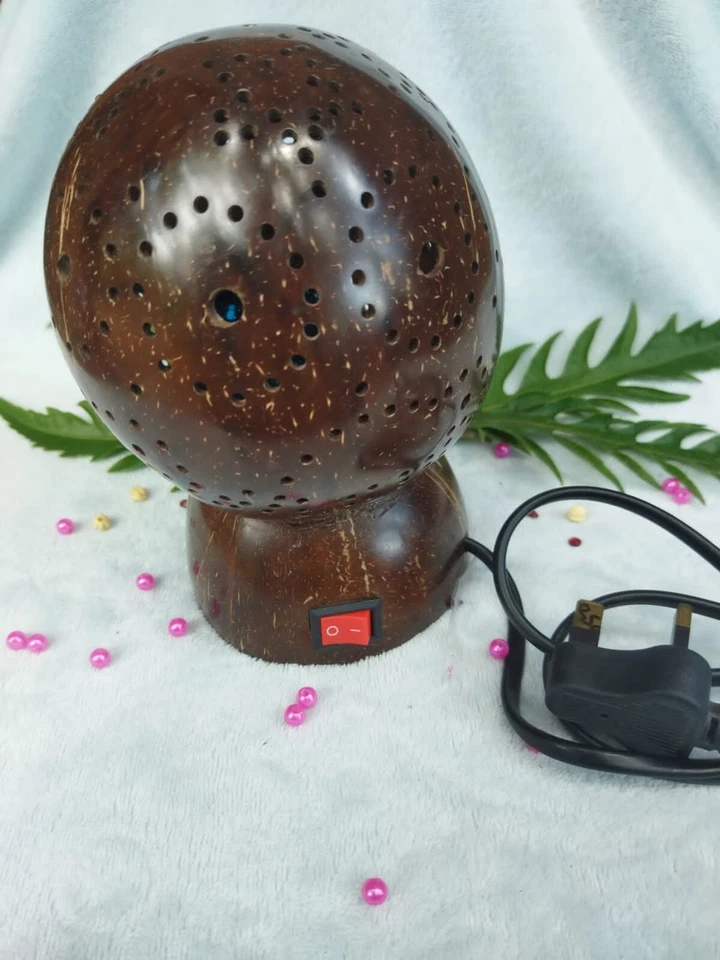 Table Lamps Natural Coconut Shell Design Shade Bedside Antique Brass Lamps Home - Image 3 of 4