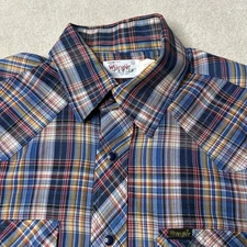 Vintage 70s Wrangler Shirt Mens Large Plaid Cowboy Sawtooth Pearl Snap USA Made.