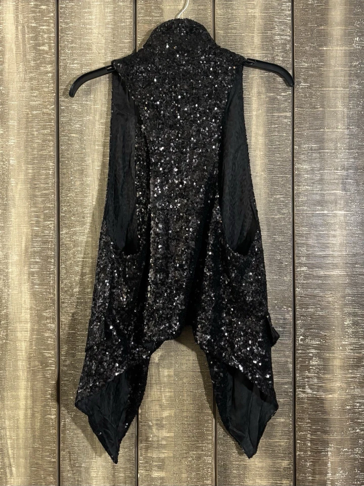 Izzue Black Sequin Draped Vest Open Front Sleeveless Womens 38 Medium Streetwear - Image 2 of 4