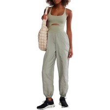 Free People FP Movement Righteous Runsie Jumpsuit Sage Stone Army Green Jogger M