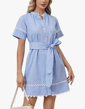 Blue Scalloped Wave Trim Button Down Shirt Dress Short Sleeve w/ Belt Size M