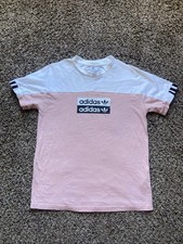 Adidas Original Tee Shirt Woman  s M Pink/White/Black Stripes Cotton Front Logo