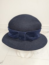 Vintage Style Navy Blue 100% Wool Felt Cloche Hat Made in Italy Velvet Bow 57cm
