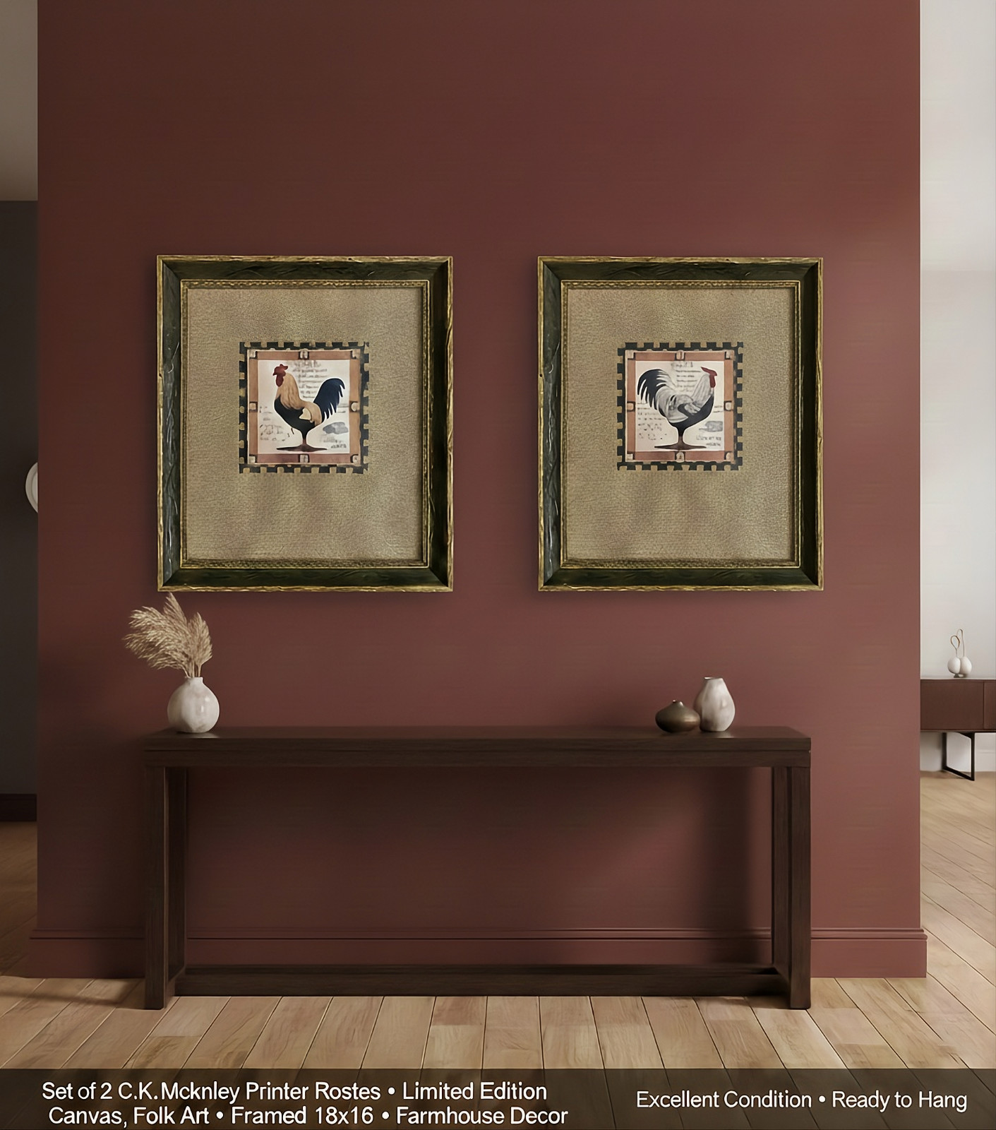 C.K. McKinley Rooster Canvas Prints | Set of 2 | Signed Framed Folk Art | 18x16