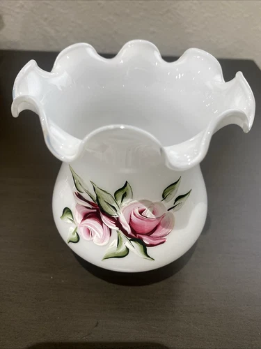 Vintage hurricane Milk Glass Hand Painted Flower Scalloped Lamp Shade