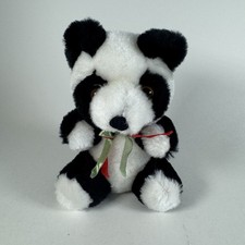 Vintage Plush Panda Bear 5.5" Black White Red Green Bow Korea Stuffed Animal Toy